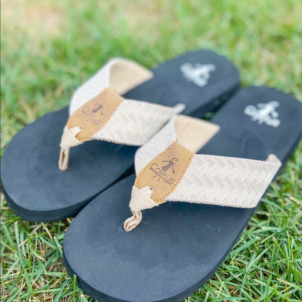 Gold/ Beige Shimmer Weave Flip Flops | Corkys